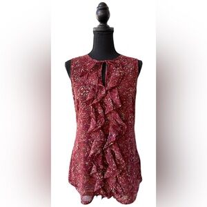 New York & Company Red Floral Ruffle Top